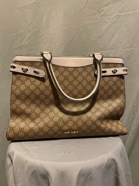 Nine West Brown Monogram Tote with Pale Pink Trim